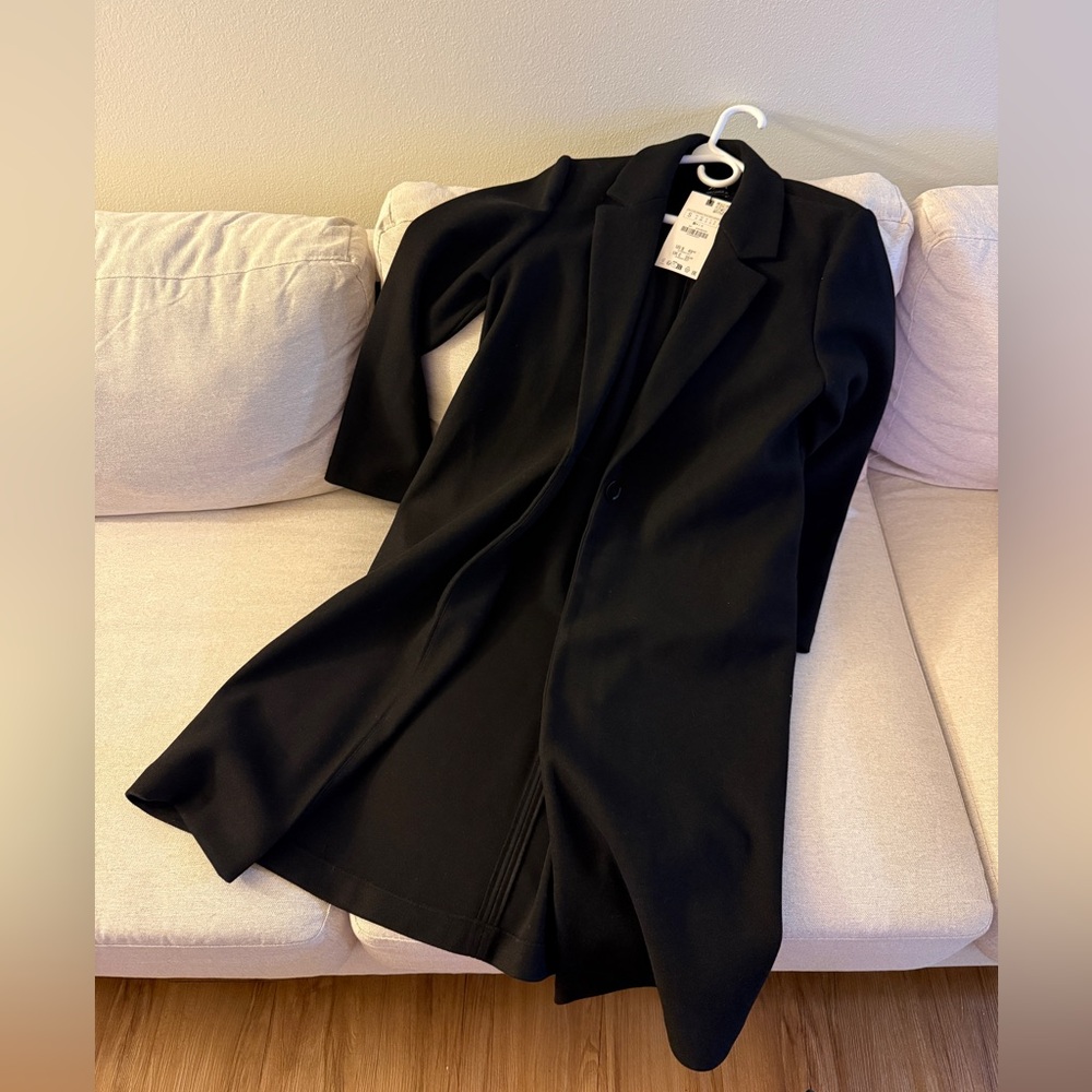 ZARA Long Black Wool-Blend Coat — Size Small